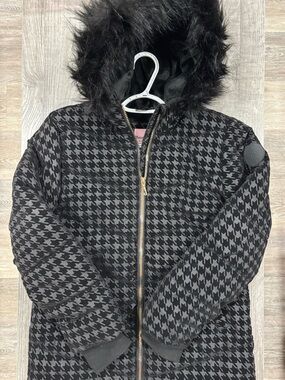 Juicy Couture Kids Black Puffer Jacket with Pink Label and Fur Trimmed Hood